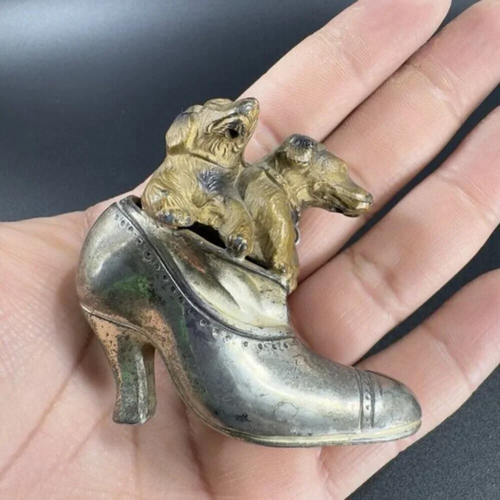 Antique Heavy Metal Shoe Sandal With Dogs Figurine Made In‎ Japan Vintage Decor